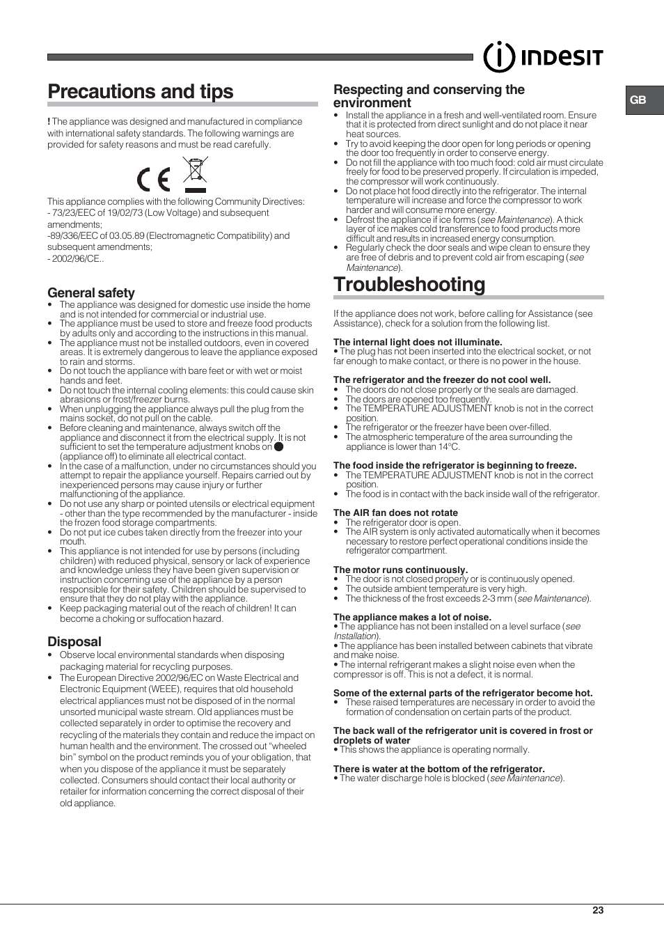 Troubleshooting, Precautions and tips, Respecting and conserving the environment | General safety, Disposal | Indesit BIAA 1x xx xx User Manual | Page 23 / 72