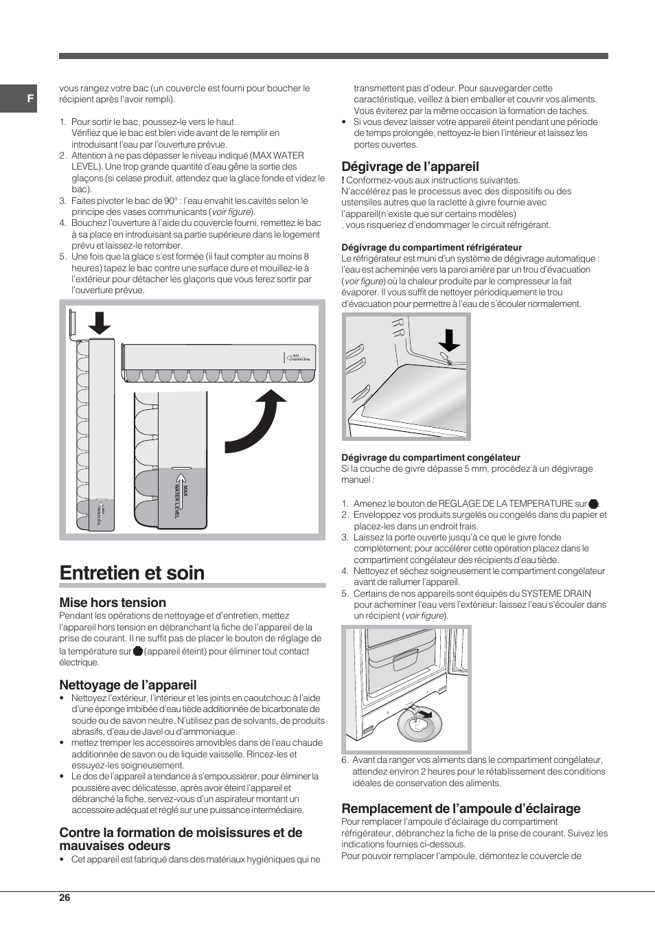 Entretien et soin, Mise hors tension, Nettoyage de l’appareil | Dégivrage de l’appareil, Remplacement de l’ampoule d’éclairage | Indesit BIAA 1x xx xx User Manual | Page 26 / 72