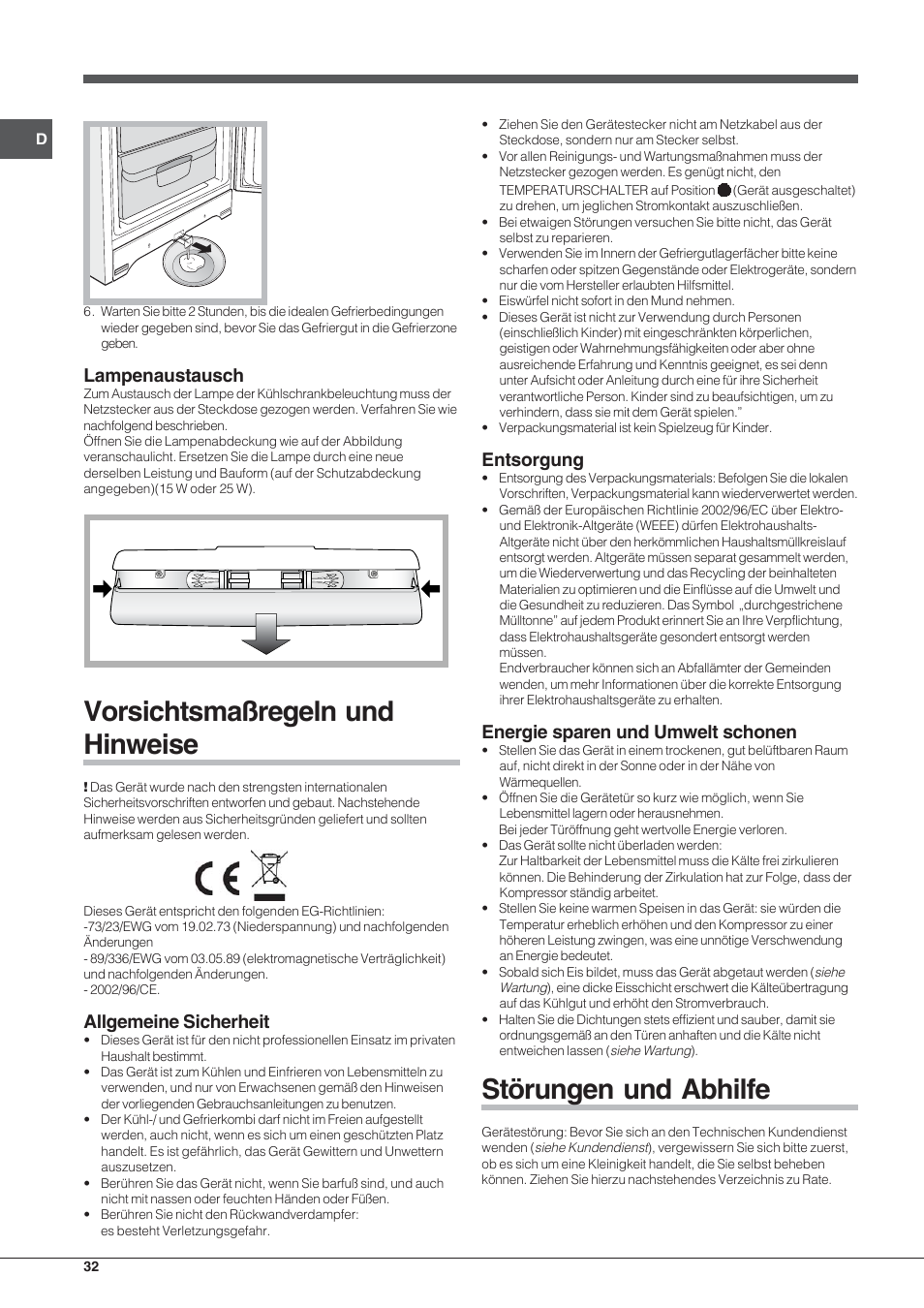 Vorsichtsmaßregeln und hinweise, Störungen und abhilfe, Lampenaustausch | Allgemeine sicherheit, Entsorgung, Energie sparen und umwelt schonen | Indesit BIAA 1x xx xx User Manual | Page 32 / 72