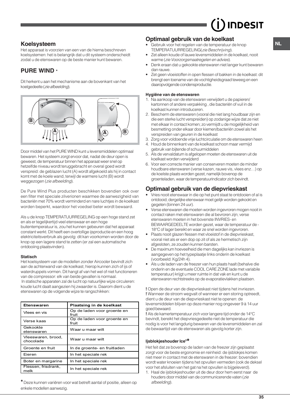 Koelsysteem, Pure wind, Optimaal gebruik van de koelkast | Optimaal gebruik van de diepvrieskast | Indesit BIAA 1x xx xx User Manual | Page 35 / 72