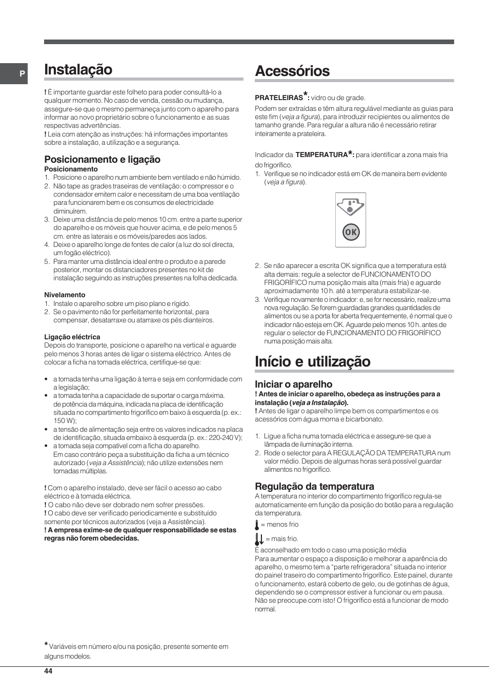 Instalação, Acessórios, Início e utilização | Posicionamento e ligação, Iniciar o aparelho, Regulação da temperatura | Indesit BIAA 1x xx xx User Manual | Page 44 / 72