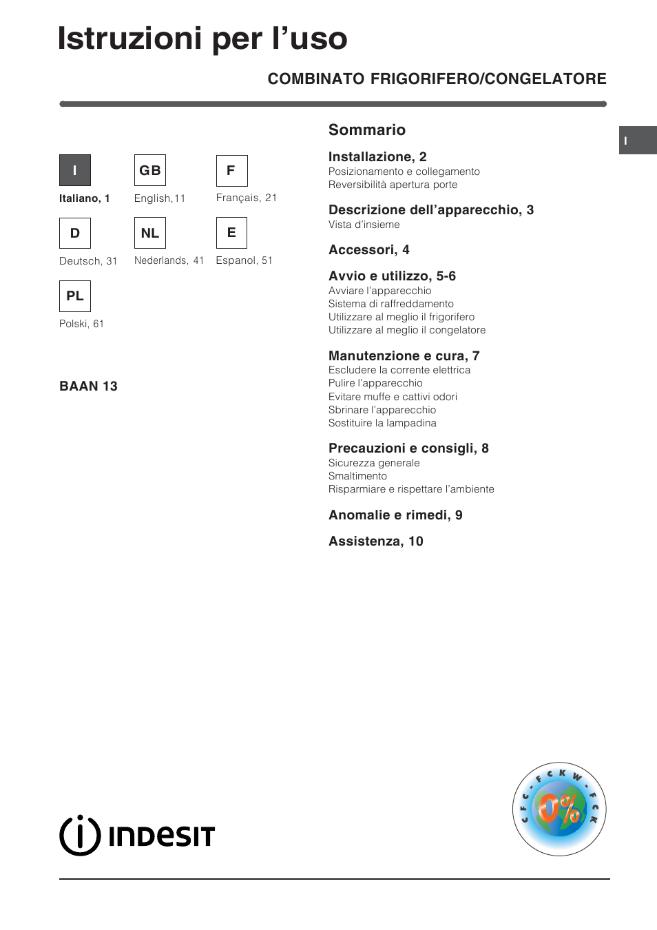 Indesit BAAN 13 User Manual | 72 pages