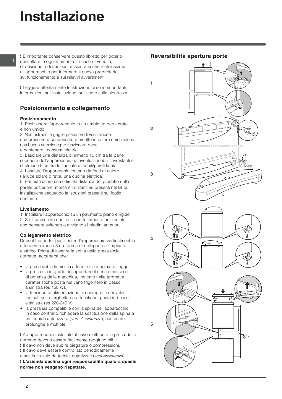 Installazione, Reversibilità apertura porte, Posizionamento e collegamento | Indesit BAAN 13 User Manual | Page 2 / 72