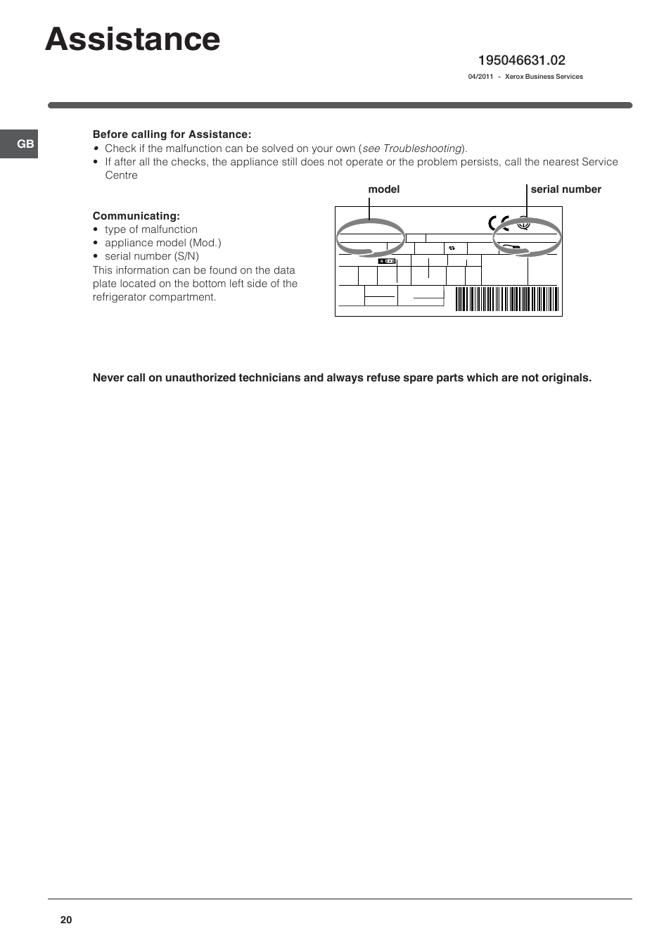 Assistance, Model serial number | Indesit BAAN 13 User Manual | Page 20 / 72