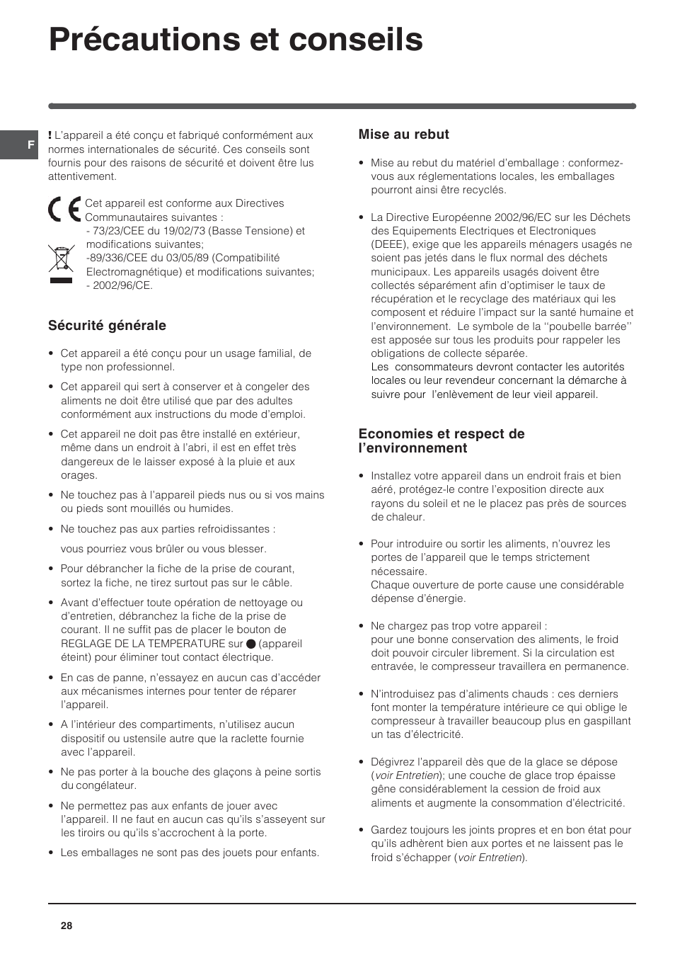 Précautions et conseils | Indesit BAAN 13 User Manual | Page 28 / 72