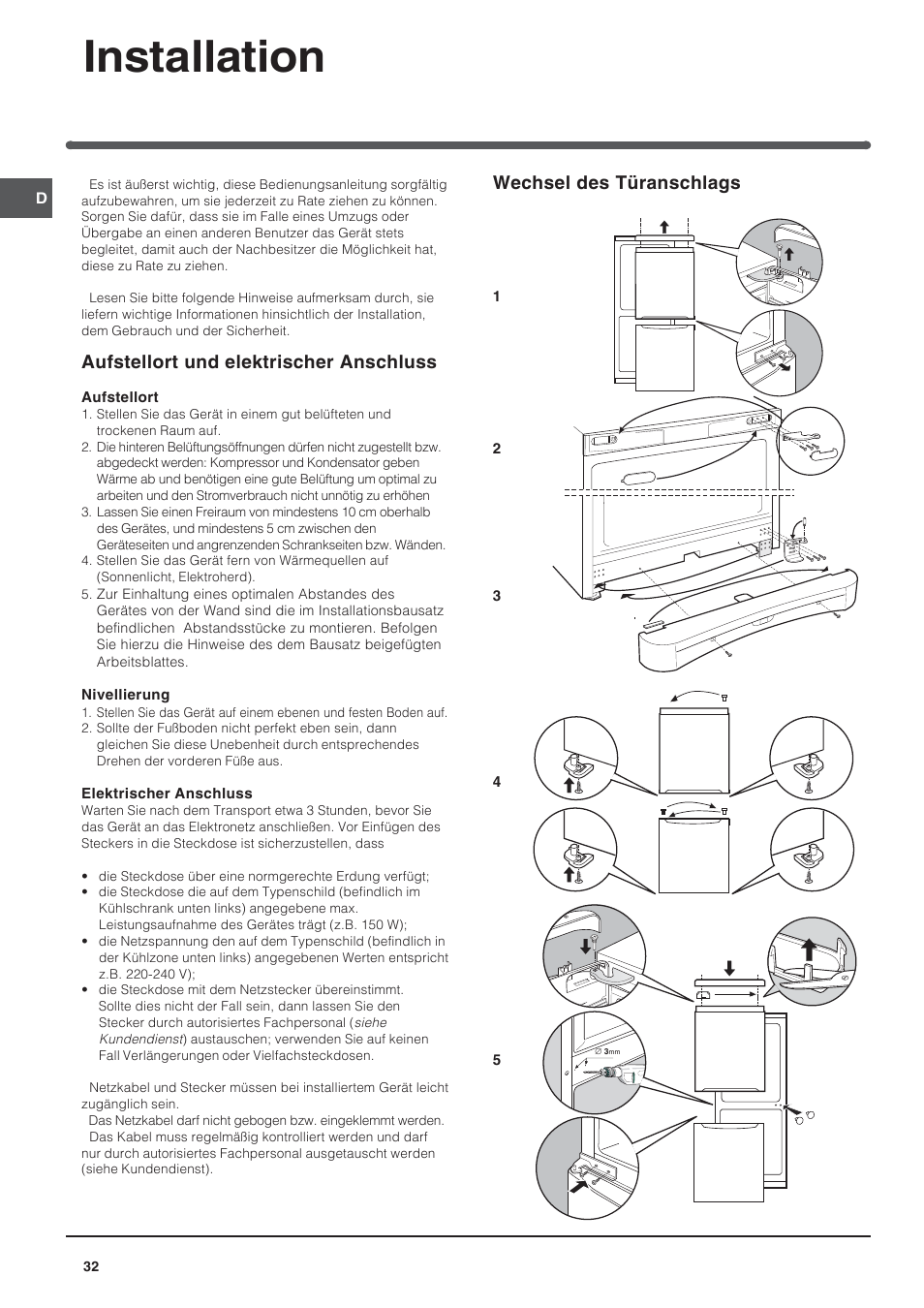 Installation, Aufstellort und elektrischer anschluss, Wechsel des türanschlags | Indesit BAAN 13 User Manual | Page 32 / 72