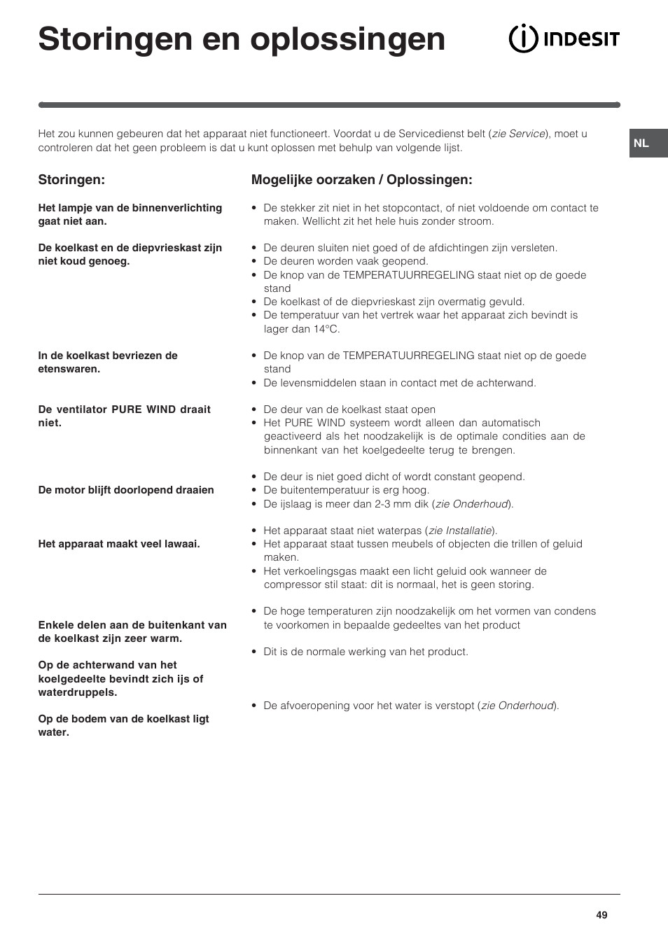 Storingen en oplossingen | Indesit BAAN 13 User Manual | Page 49 / 72