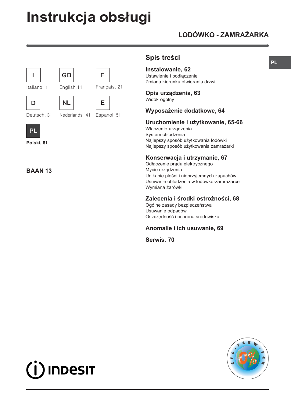 46631pl | Indesit BAAN 13 User Manual | Page 61 / 72