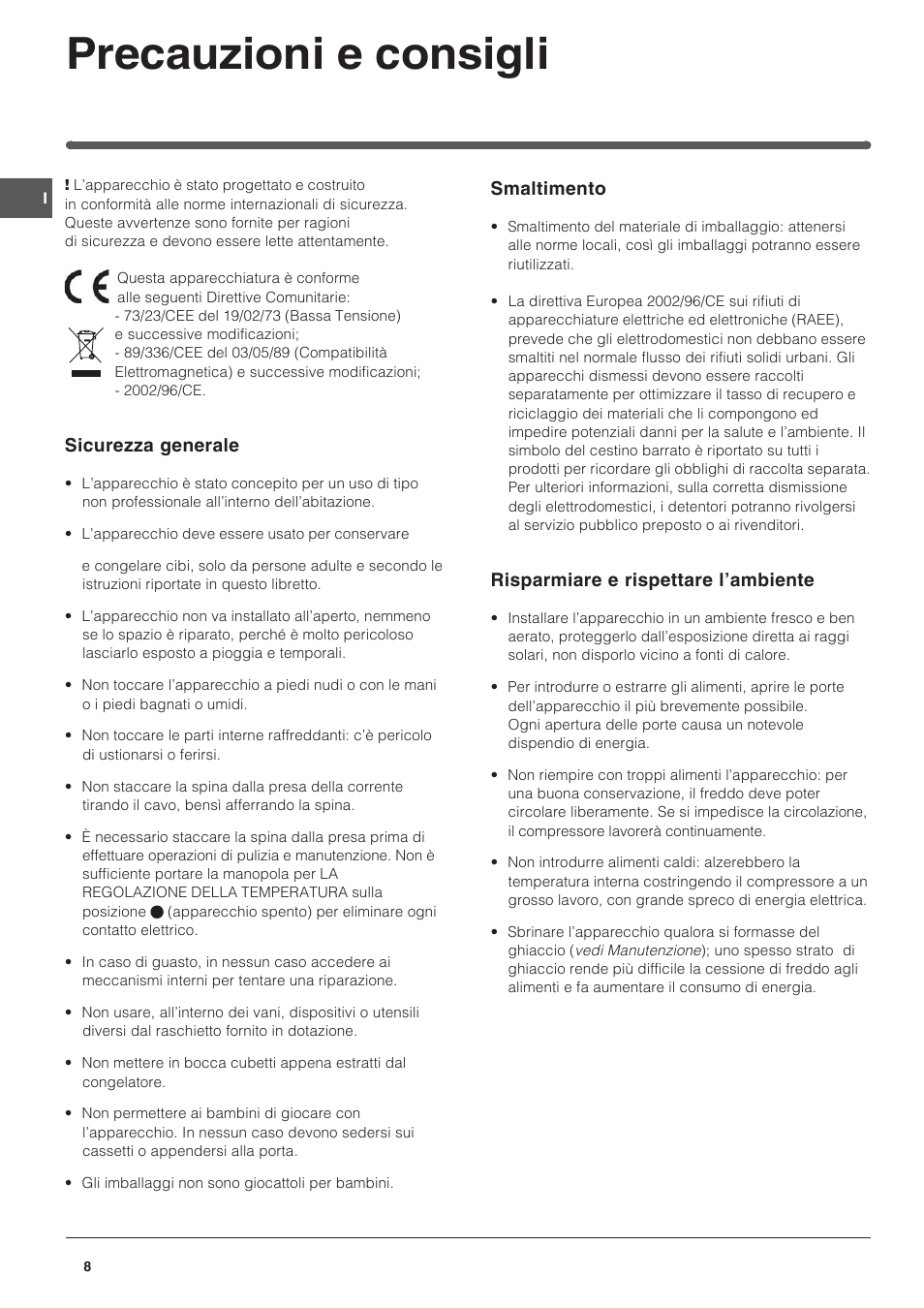 Precauzioni e consigli | Indesit BAAN 13 User Manual | Page 8 / 72