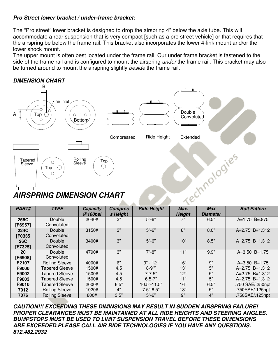 Airspring dimension chart | Ridetech 19002003 User Manual | Page 3 / 3