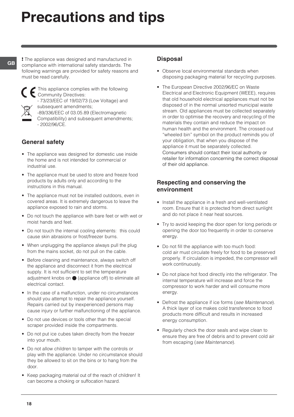 Precautions and tips | Indesit BAAN 14 X User Manual | Page 18 / 80