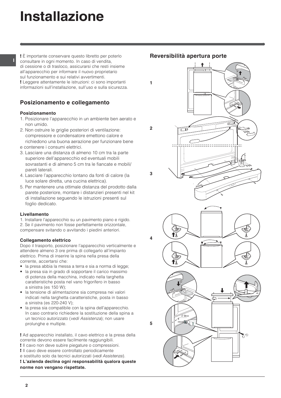 Installazione, Reversibilità apertura porte, Posizionamento e collegamento | Indesit BAAN 14 X User Manual | Page 2 / 80