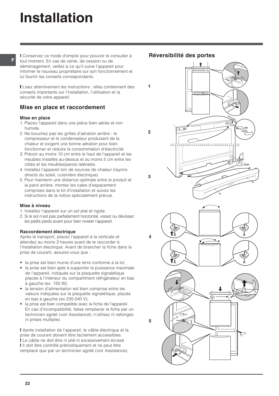 Installation, Réversibilité des portes, Mise en place et raccordement | Indesit BAAN 14 X User Manual | Page 22 / 80
