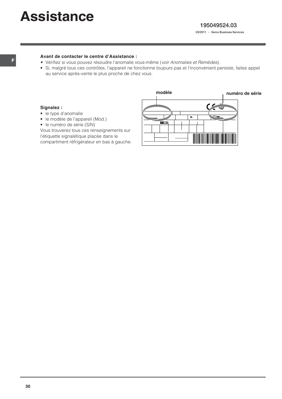 Assistance, Modèle numéro de série | Indesit BAAN 14 X User Manual | Page 30 / 80