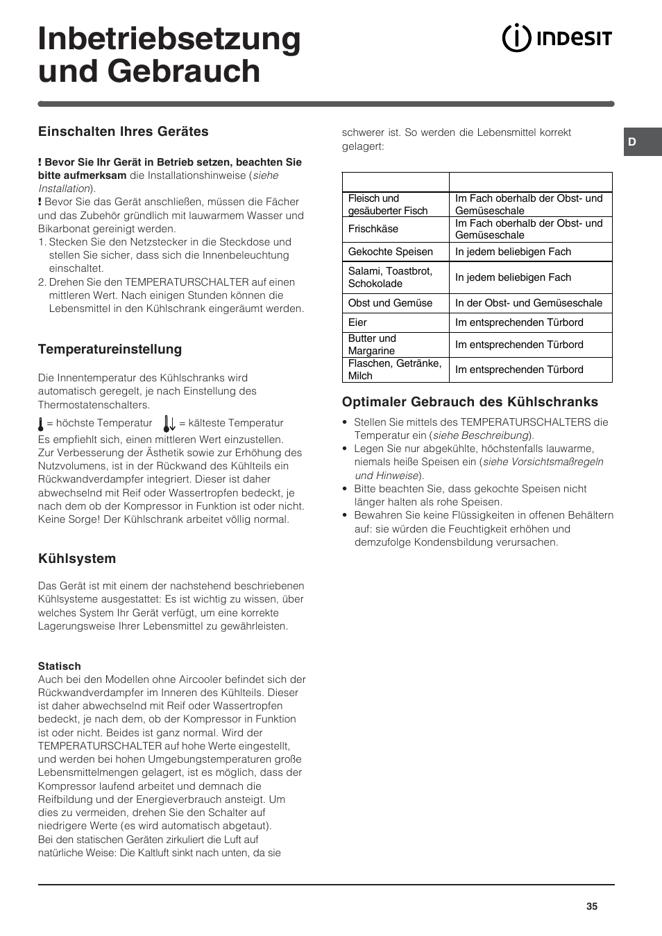 Inbetriebsetzung und gebrauch | Indesit BAAN 14 X User Manual | Page 35 / 80
