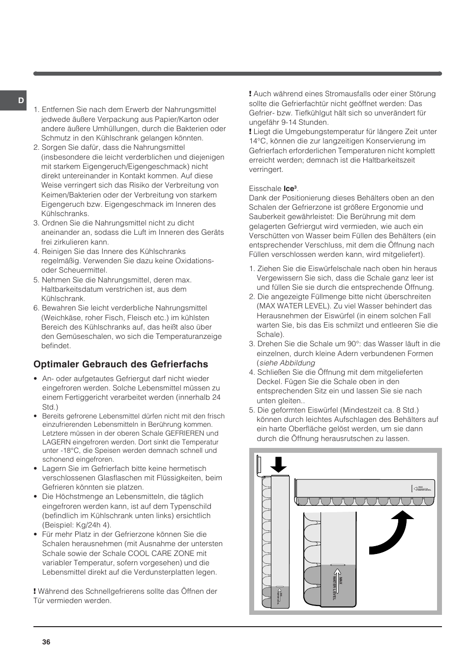 Lebensmittelhygiene, Optimaler gebrauch des gefrierfachs | Indesit BAAN 14 X User Manual | Page 36 / 80