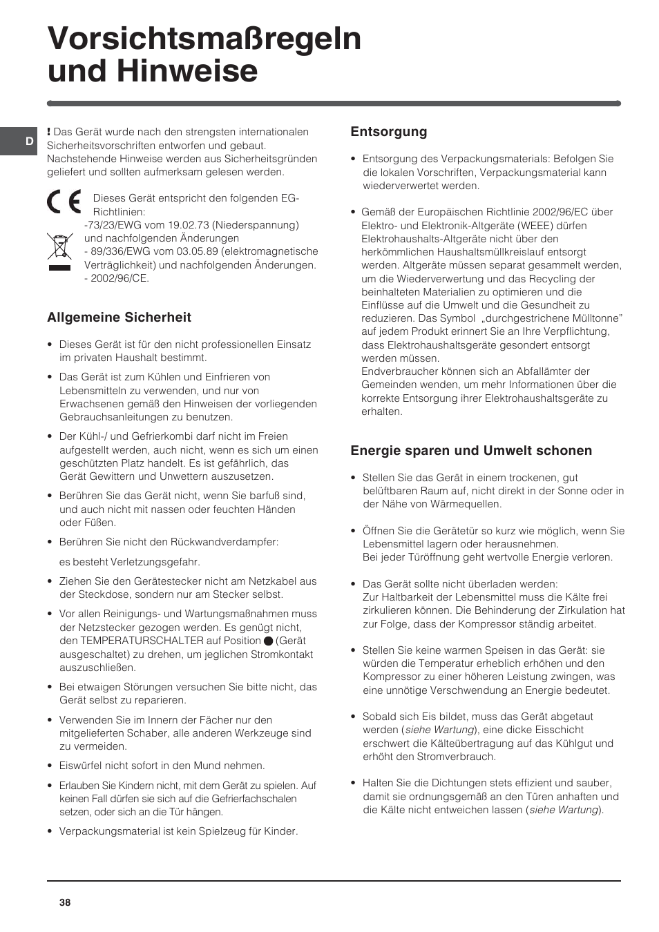 Vorsichtsmaßregeln und hinweise | Indesit BAAN 14 X User Manual | Page 38 / 80