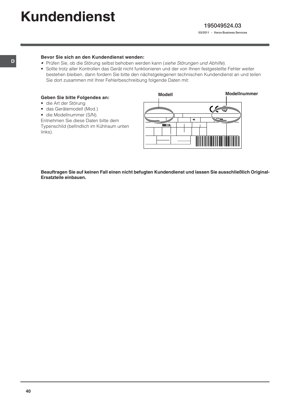 Kundendienst | Indesit BAAN 14 X User Manual | Page 40 / 80