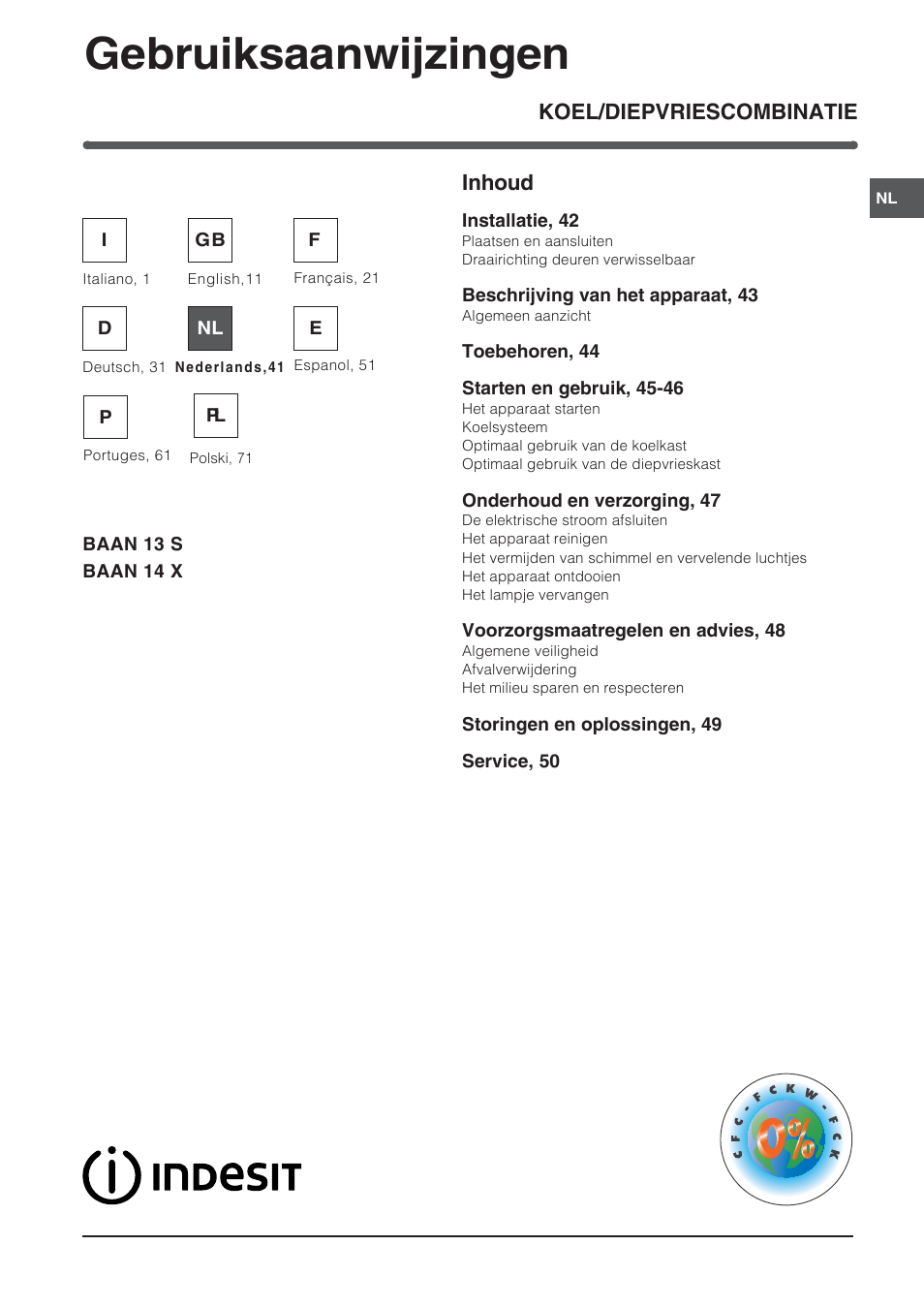 49524nl, Gebruiksaanwijzingen, Koel/diepvriescombinatie inhoud | Indesit BAAN 14 X User Manual | Page 41 / 80