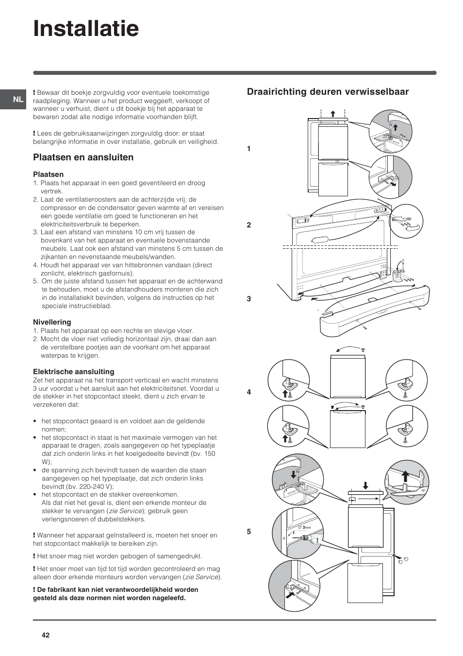 Installatie, Plaatsen en aansluiten, Draairichting deuren verwisselbaar | Indesit BAAN 14 X User Manual | Page 42 / 80