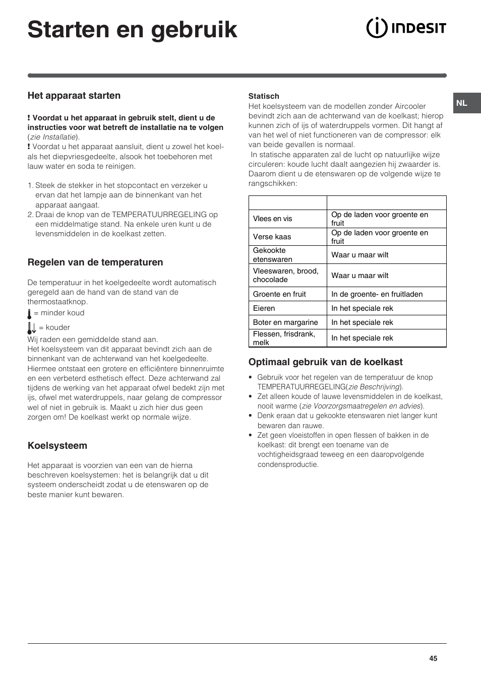 Starten en gebruik | Indesit BAAN 14 X User Manual | Page 45 / 80