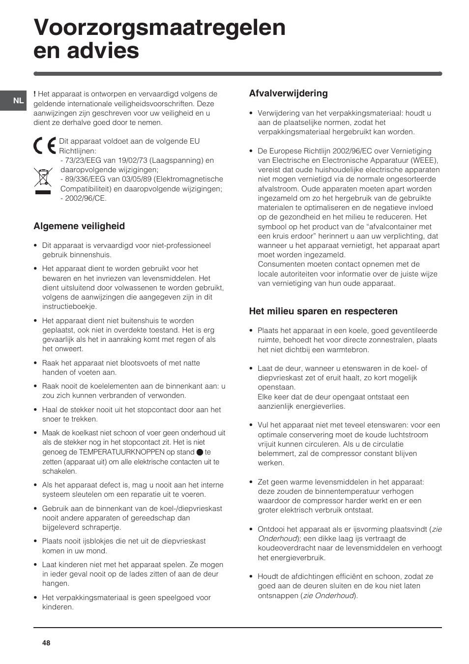 Voorzorgsmaatregelen en advies | Indesit BAAN 14 X User Manual | Page 48 / 80