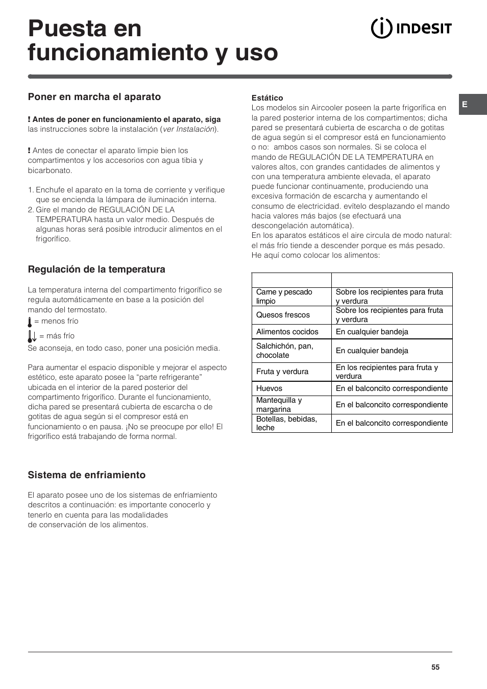Puesta en funcionamiento y uso | Indesit BAAN 14 X User Manual | Page 55 / 80