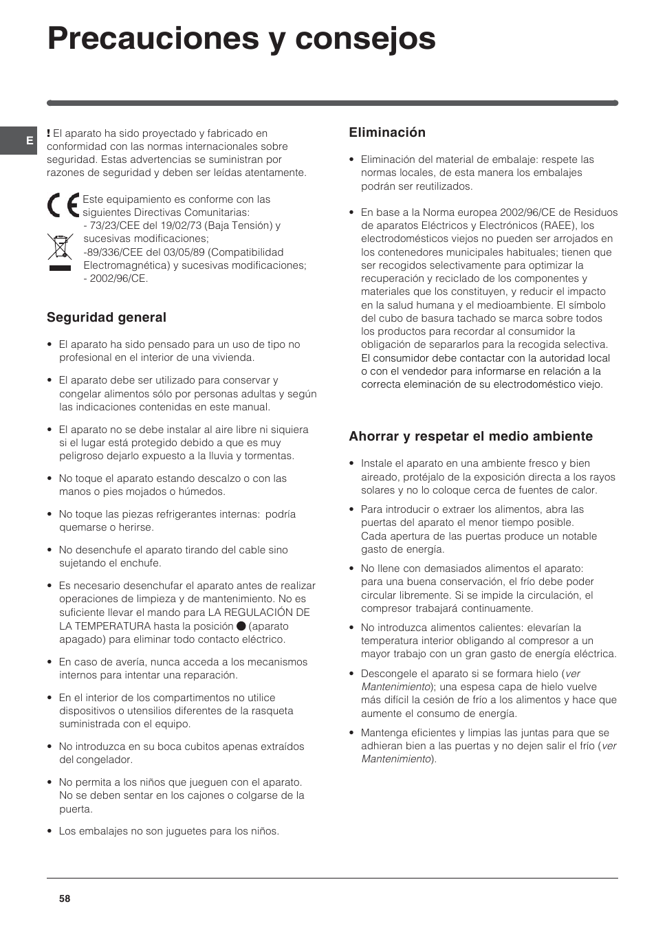 Precauciones y consejos | Indesit BAAN 14 X User Manual | Page 58 / 80