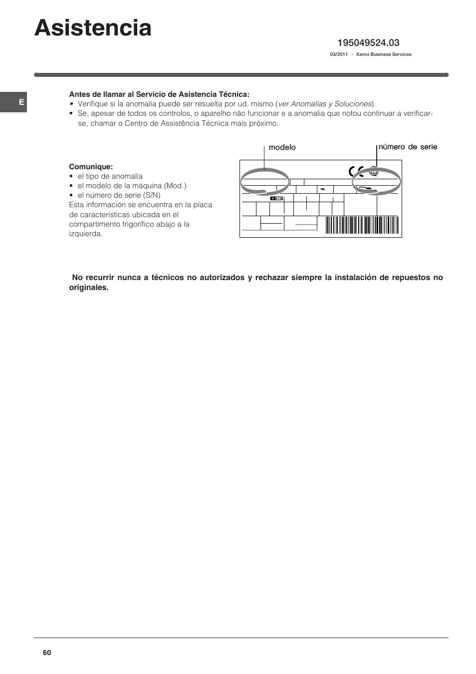 Asistencia, Modelo | Indesit BAAN 14 X User Manual | Page 60 / 80