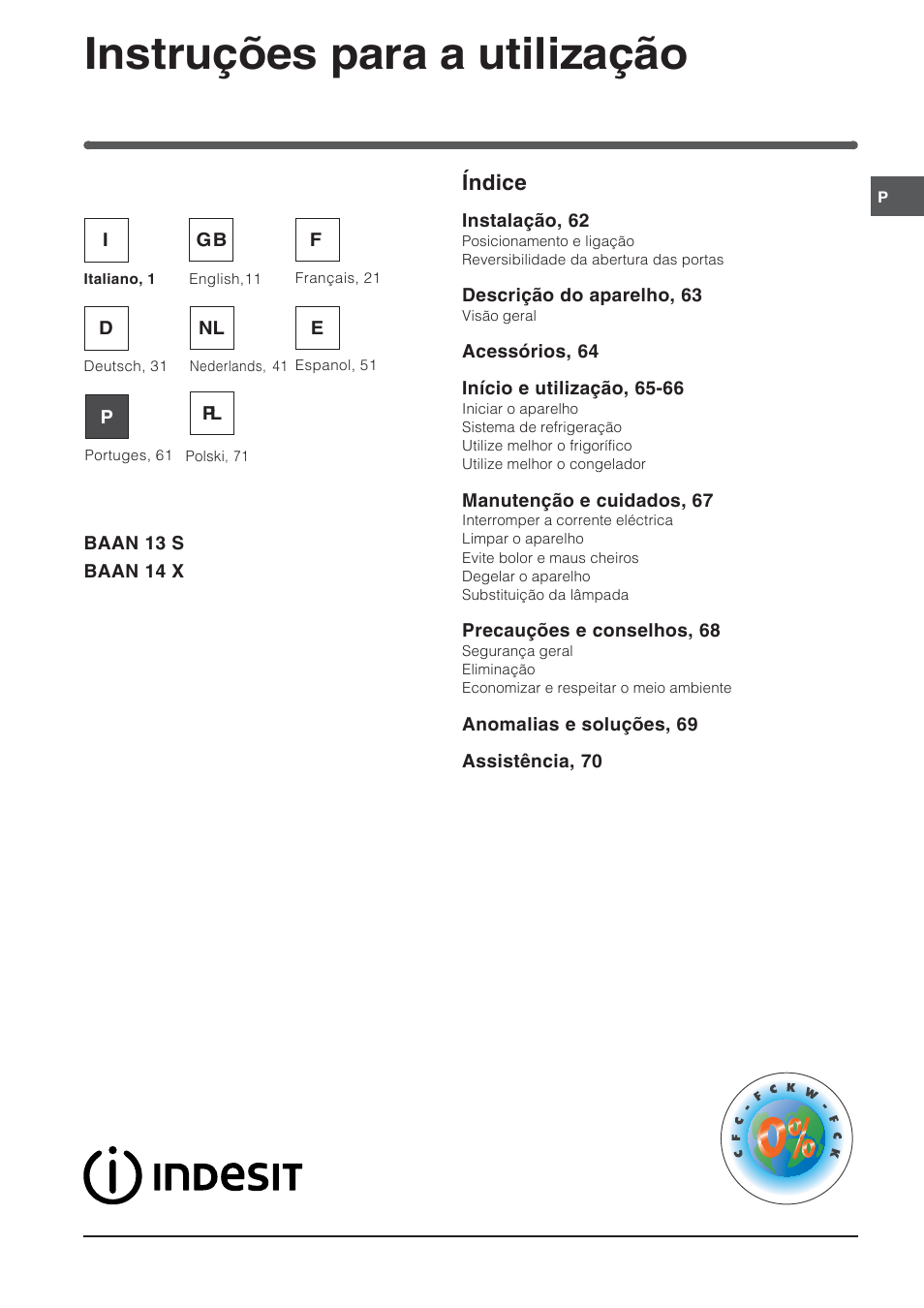 49524pt, Instruções para a utilização, Combinado frigorífico/congelador índice | Indesit BAAN 14 X User Manual | Page 61 / 80