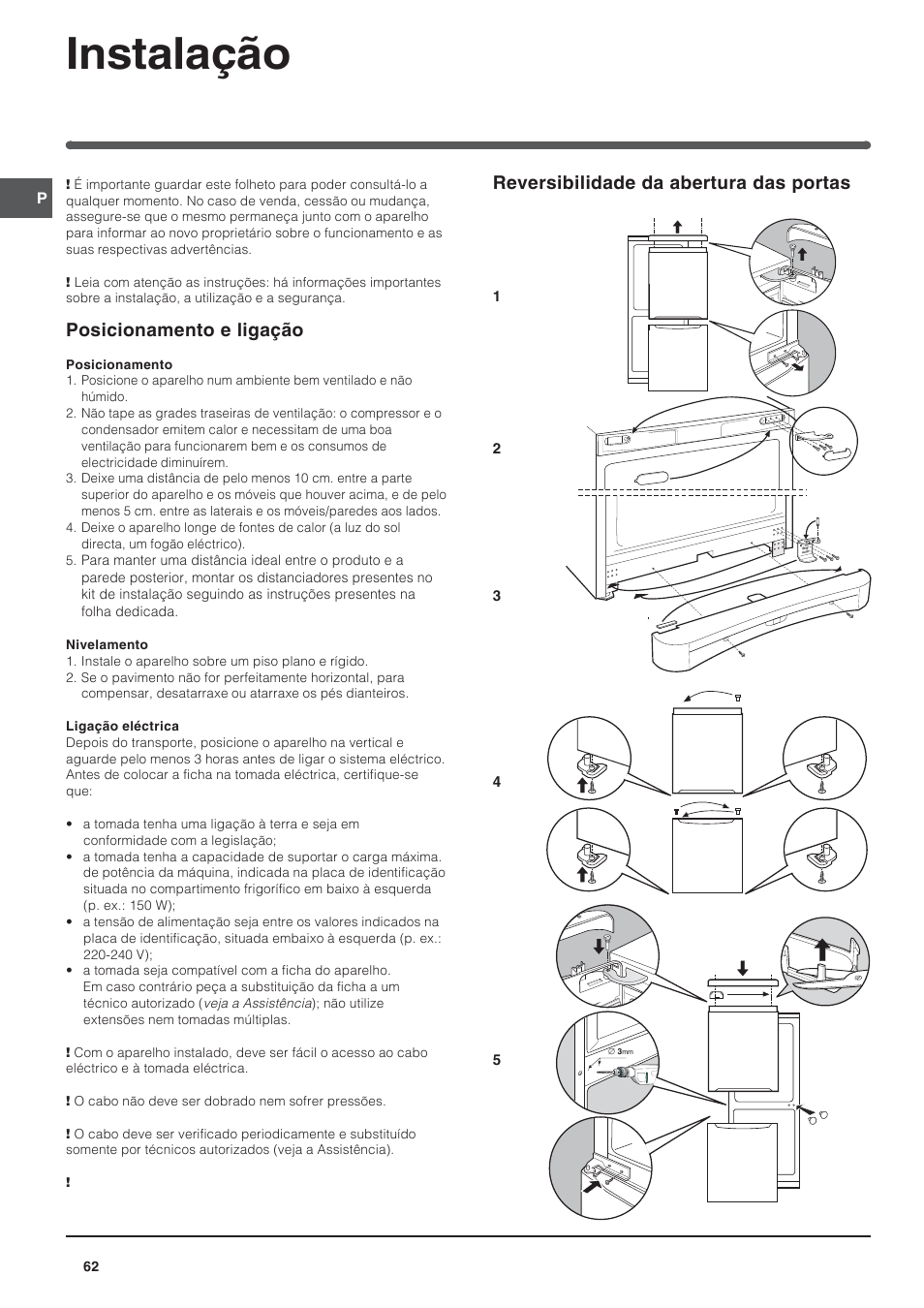 Instalação, Posicionamento e ligação, Reversibilidade da abertura das portas | Indesit BAAN 14 X User Manual | Page 62 / 80