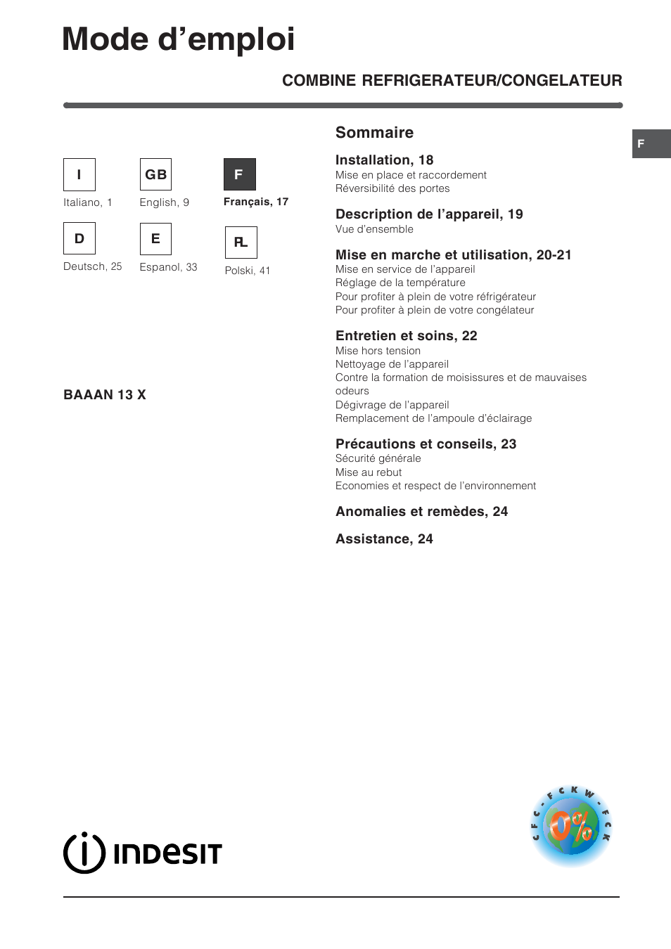 83775fr, Mode d’emploi, Combine refrigerateur/congelateur sommaire | Indesit BAAAN 13 X User Manual | Page 17 / 48