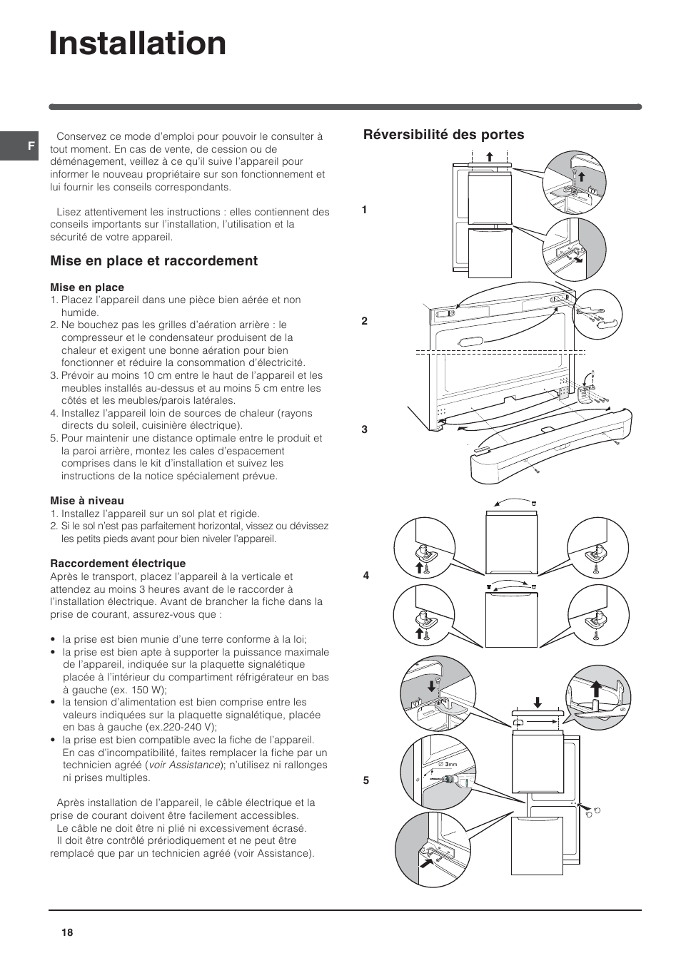 Installation, Réversibilité des portes, Mise en place et raccordement | Indesit BAAAN 13 X User Manual | Page 18 / 48