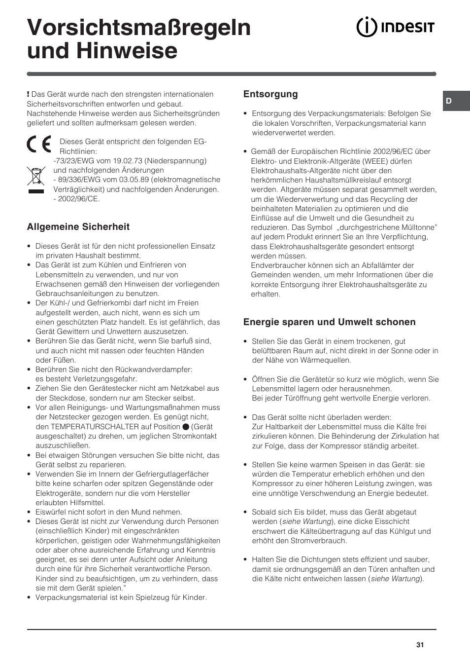 Vorsichtsmaßregeln und hinweise | Indesit BAAAN 13 X User Manual | Page 31 / 48