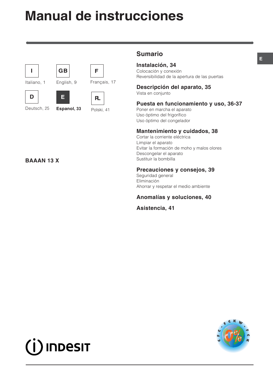 83775es, Manual de instrucciones, Combinado refrigerador/congelador sumario | Indesit BAAAN 13 X User Manual | Page 33 / 48