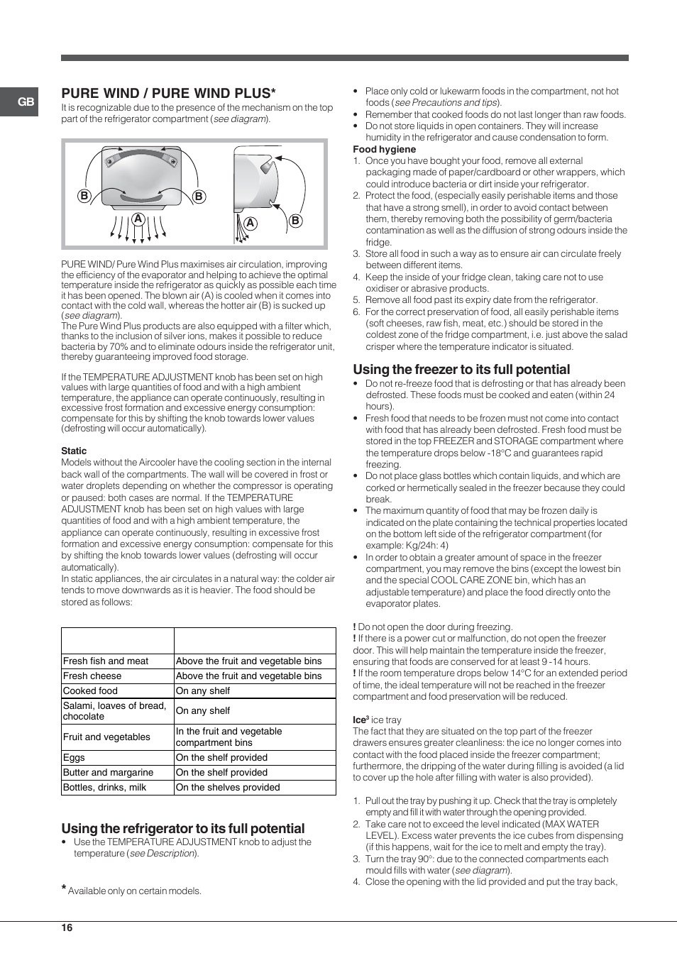 Pure wind / pure wind plus, Using the refrigerator to its full potential, Using the freezer to its full potential | Indesit BAAN 13 X User Manual | Page 16 / 44