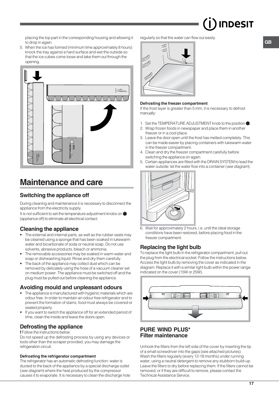 Maintenance and care, Switching the appliance off, Cleaning the appliance | Avoiding mould and unpleasant odours, Defrosting the appliance, Replacing the light bulb, Pure wind plus* filter maintenance | Indesit BAAN 13 X User Manual | Page 17 / 44