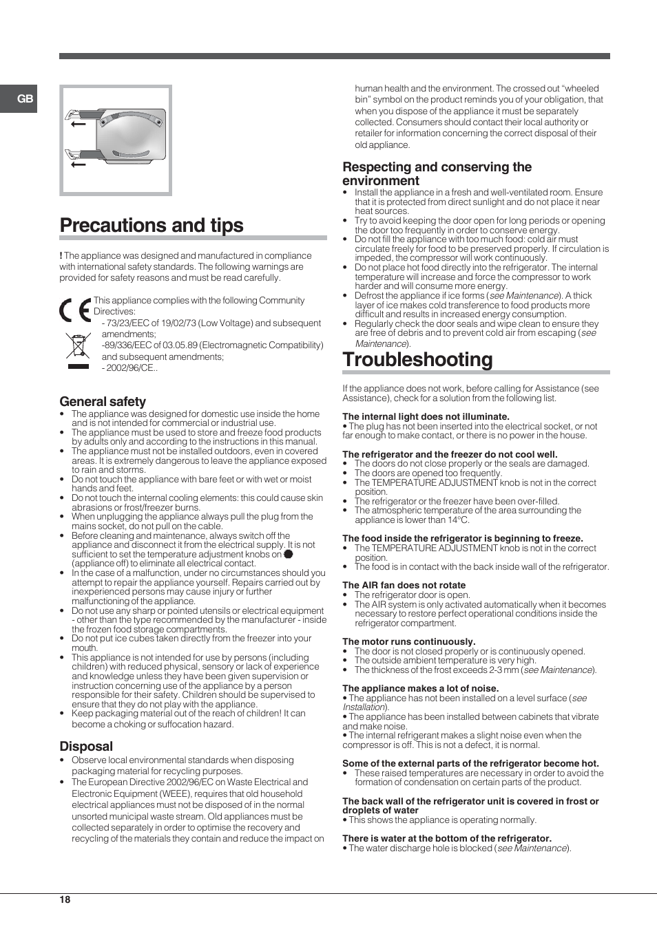 Troubleshooting, Precautions and tips, Respecting and conserving the environment | General safety, Disposal | Indesit BAAN 13 X User Manual | Page 18 / 44