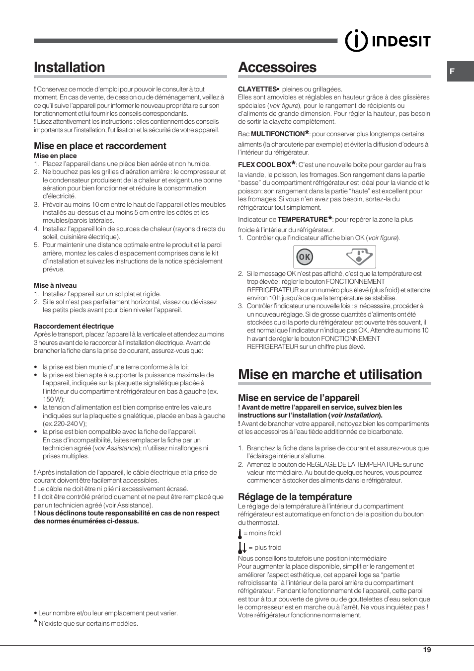 Installation, Accessoires, Mise en marche et utilisation | Mise en place et raccordement, Mise en service de l’appareil, Réglage de la température | Indesit BAAN 13 X User Manual | Page 19 / 44