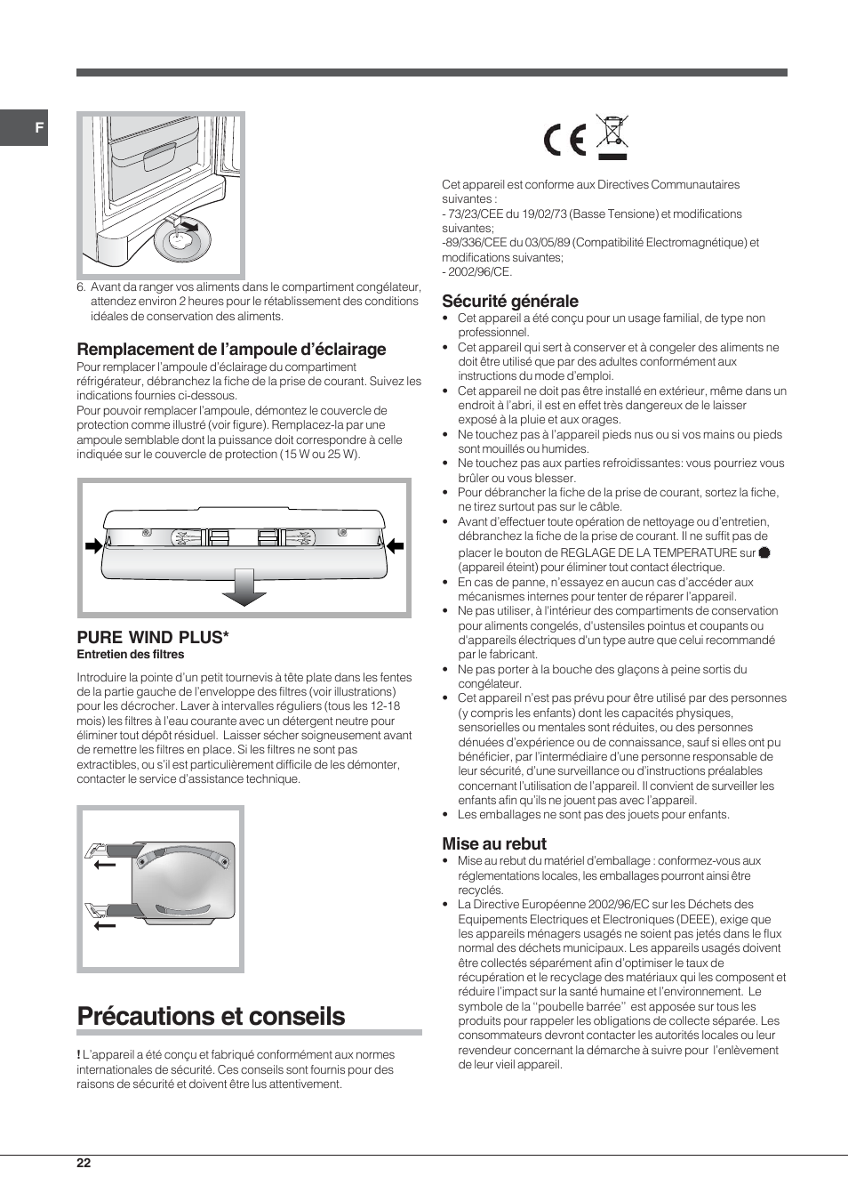 Précautions et conseils, Remplacement de l’ampoule d’éclairage, Pure wind plus | Sécurité générale, Mise au rebut | Indesit BAAN 13 X User Manual | Page 22 / 44