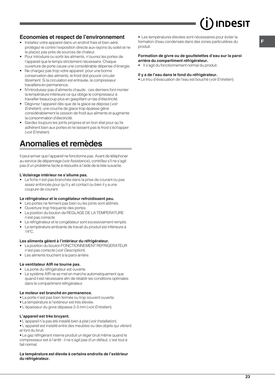 Anomalies et remèdes, Economies et respect de l’environnement | Indesit BAAN 13 X User Manual | Page 23 / 44