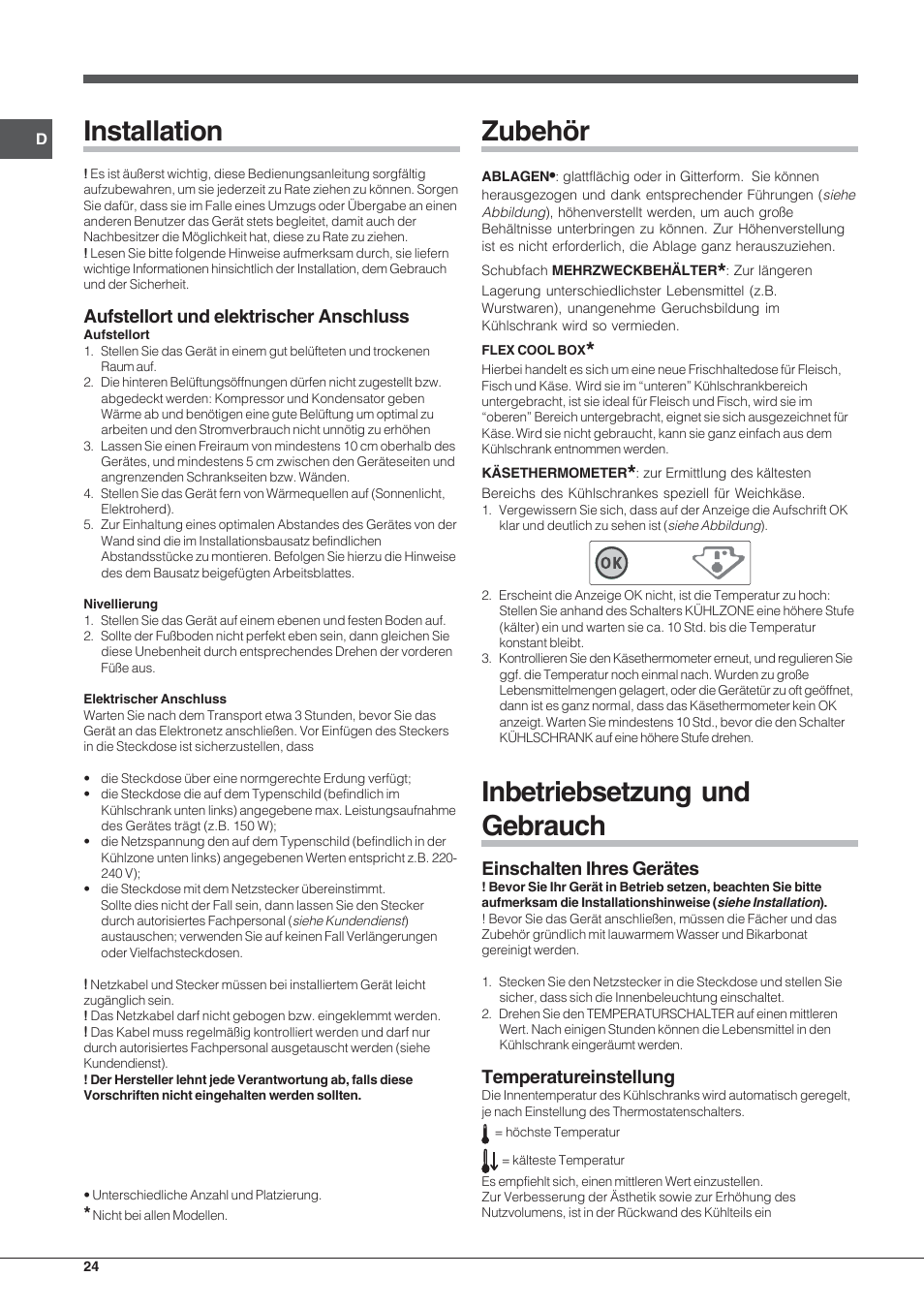 Installation, Zubehör, Inbetriebsetzung und gebrauch | Aufstellort und elektrischer anschluss, Einschalten ihres gerätes, Temperatureinstellung | Indesit BAAN 13 X User Manual | Page 24 / 44