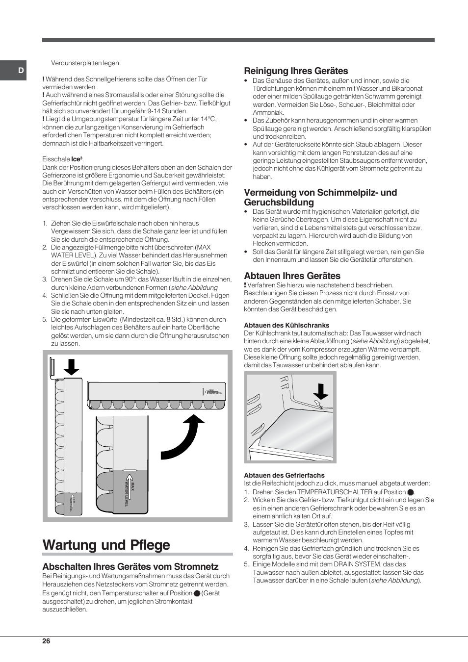 Wartung und pflege, Abschalten ihres gerätes vom stromnetz, Reinigung ihres gerätes | Vermeidung von schimmelpilz- und geruchsbildung, Abtauen ihres gerätes | Indesit BAAN 13 X User Manual | Page 26 / 44