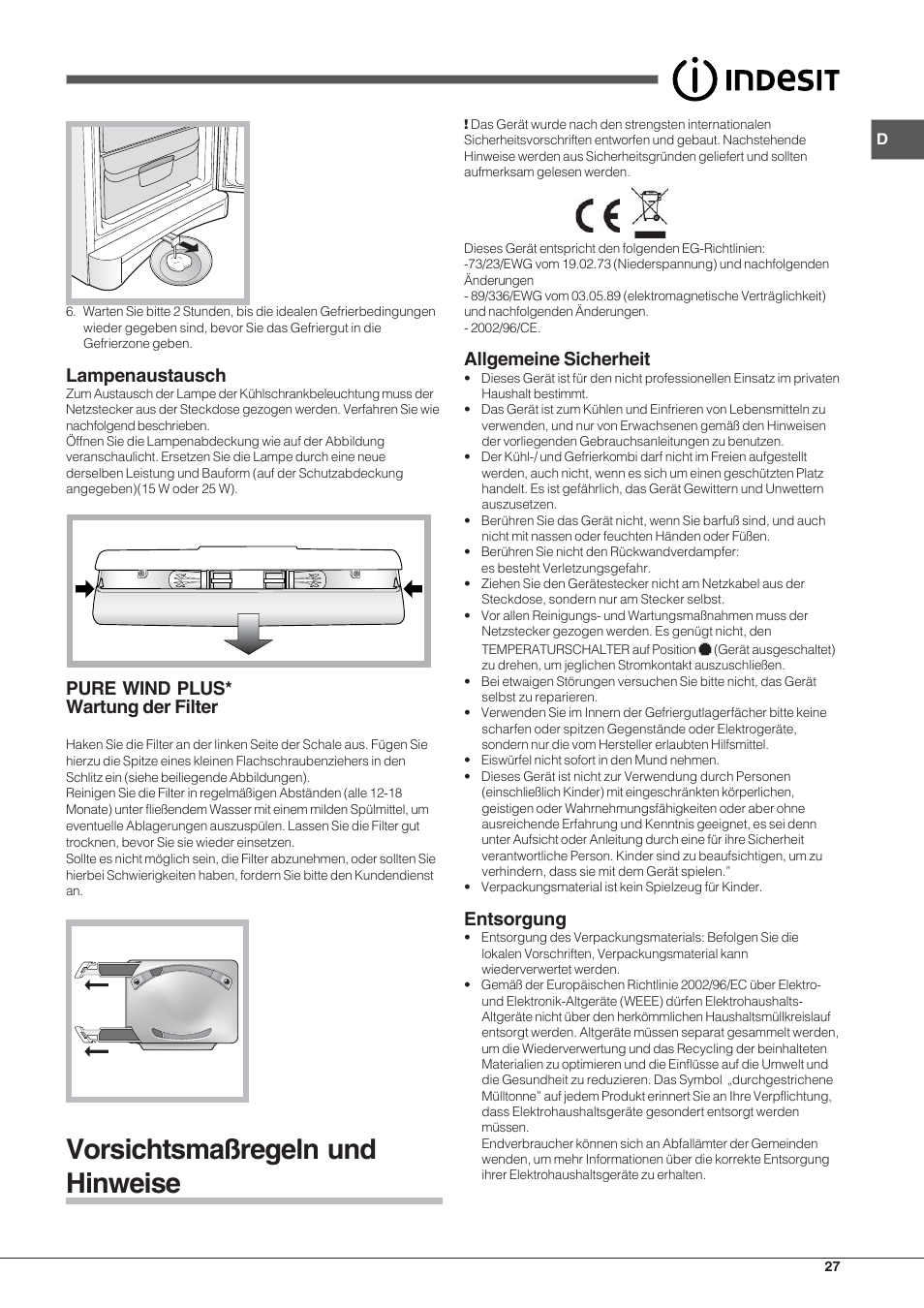 Vorsichtsmaßregeln und hinweise, Lampenaustausch, Pure wind plus* wartung der filter | Allgemeine sicherheit, Entsorgung | Indesit BAAN 13 X User Manual | Page 27 / 44