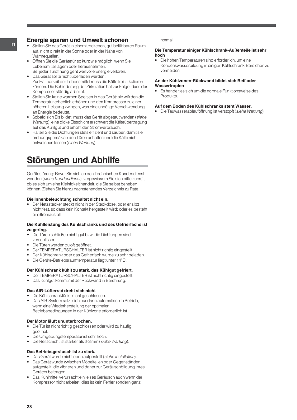 Störungen und abhilfe, Energie sparen und umwelt schonen | Indesit BAAN 13 X User Manual | Page 28 / 44