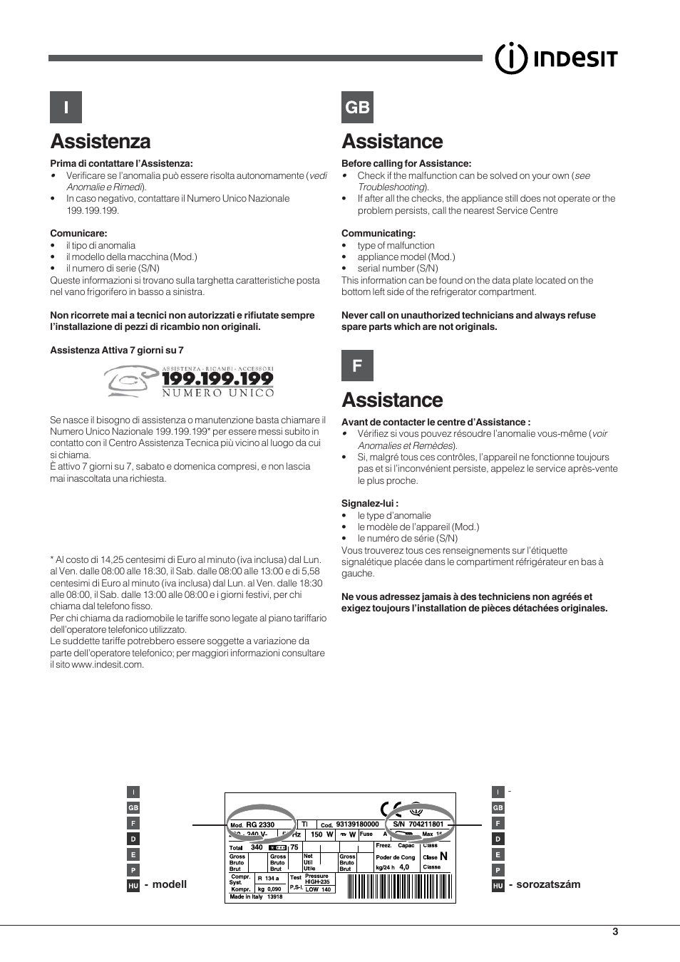 Assistenza, Assistance | Indesit BAAN 13 X User Manual | Page 3 / 44