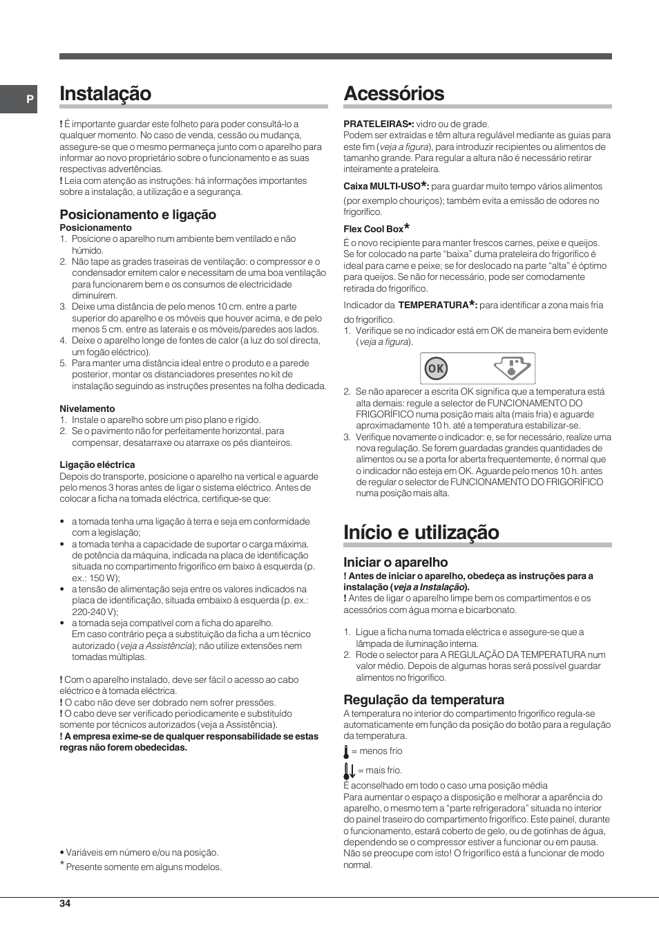 Instalação, Acessórios, Início e utilização | Posicionamento e ligação, Iniciar o aparelho, Regulação da temperatura | Indesit BAAN 13 X User Manual | Page 34 / 44