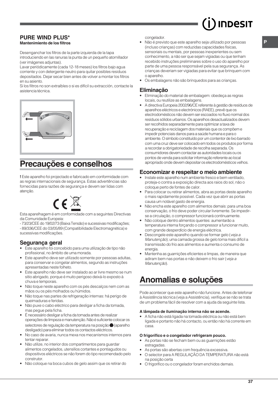 Precauções e conselhos, Anomalias e soluções, Pure wind plus | Segurança geral, Eliminação, Economizar e respeitar o meio ambiente | Indesit BAAN 13 X User Manual | Page 37 / 44