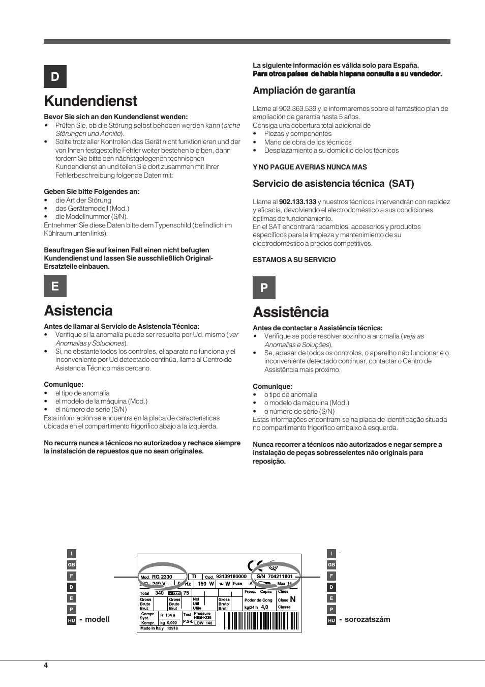 Kundendienst, Asistencia, Assistência | Ampliación de garantía, Servicio de asistencia técnica (sat) | Indesit BAAN 13 X User Manual | Page 4 / 44