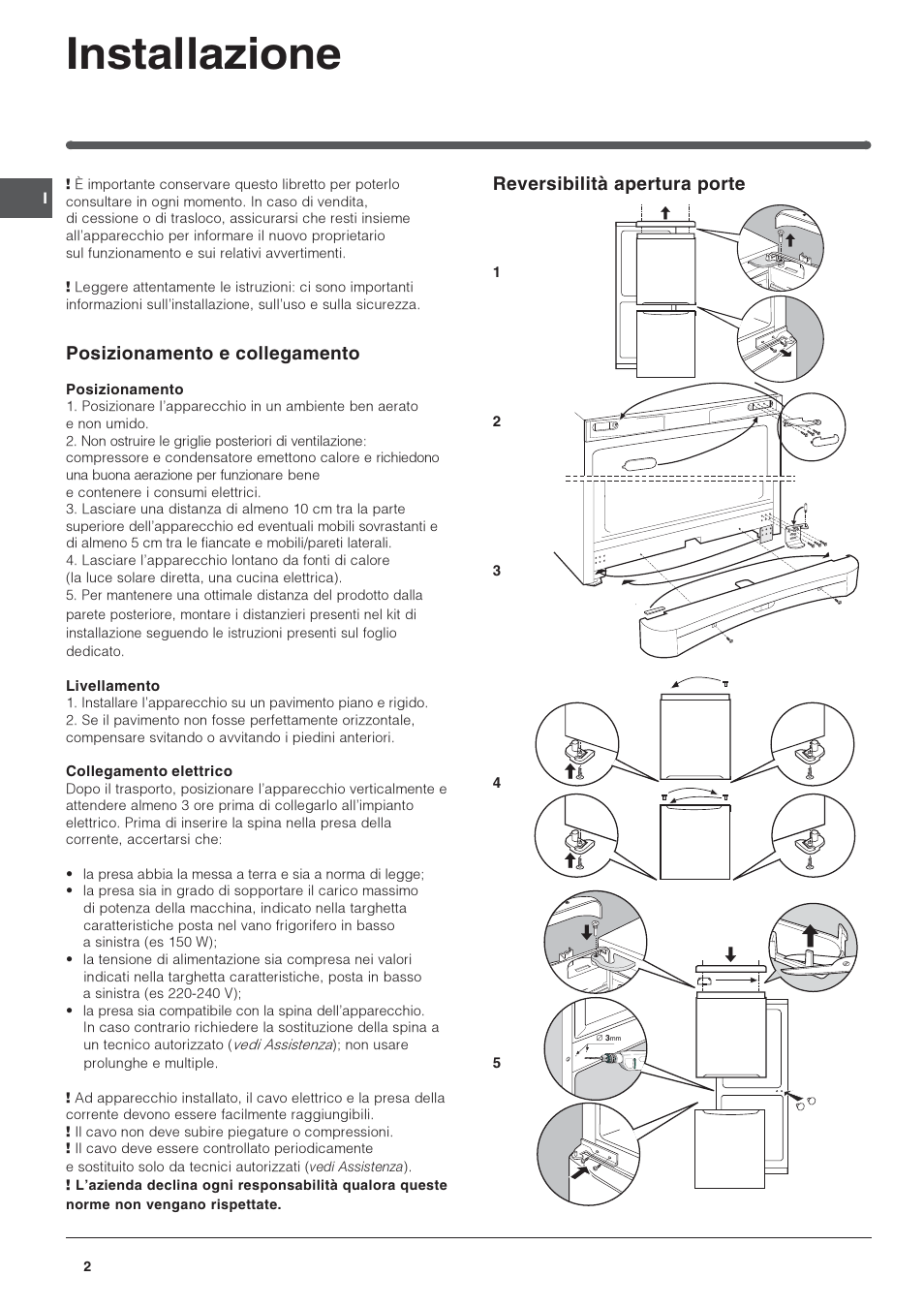 Installazione, Reversibilità apertura porte, Posizionamento e collegamento | Indesit BAAAN 13 User Manual | Page 2 / 72
